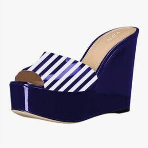 YDN Blue Stripe High Heels Platform Mules Peep Toe Clogs Slip on Wedge Sandals